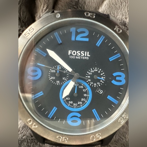Fossil Men’s Watch stainless, blue dials, leather band. Rock & Roll chunky - Picture 2 of 9